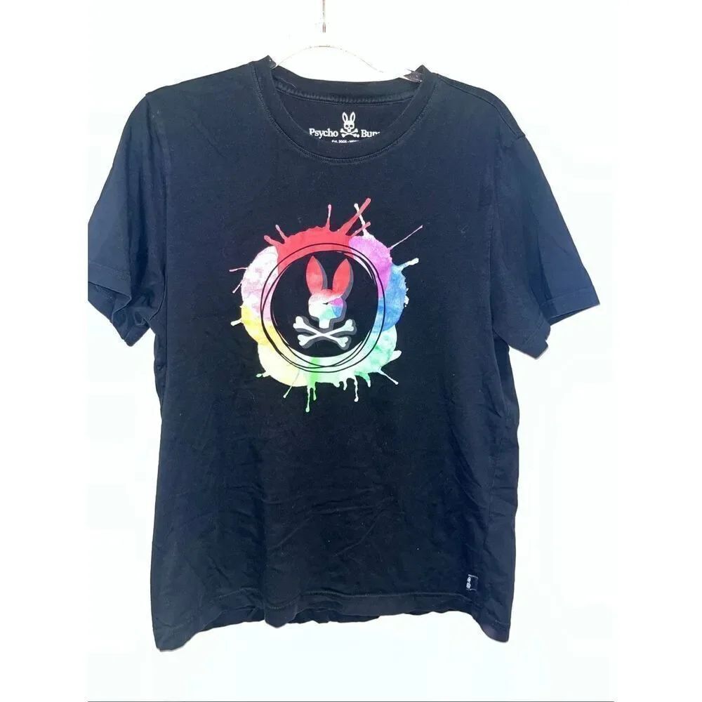 Psycho Bunny Men's Tshirt Pima Cotton Size 5 Medium Black Rainbow Design